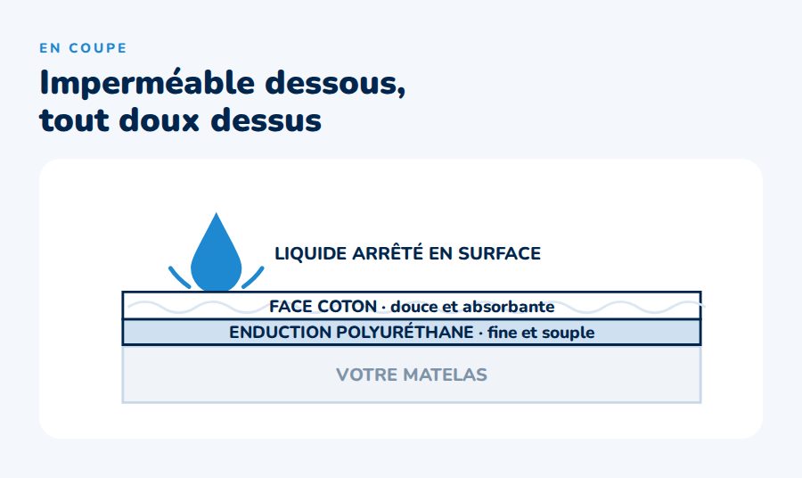 Coupe d'un protège-matelas imperméable : face coton et enduction polyuréthane